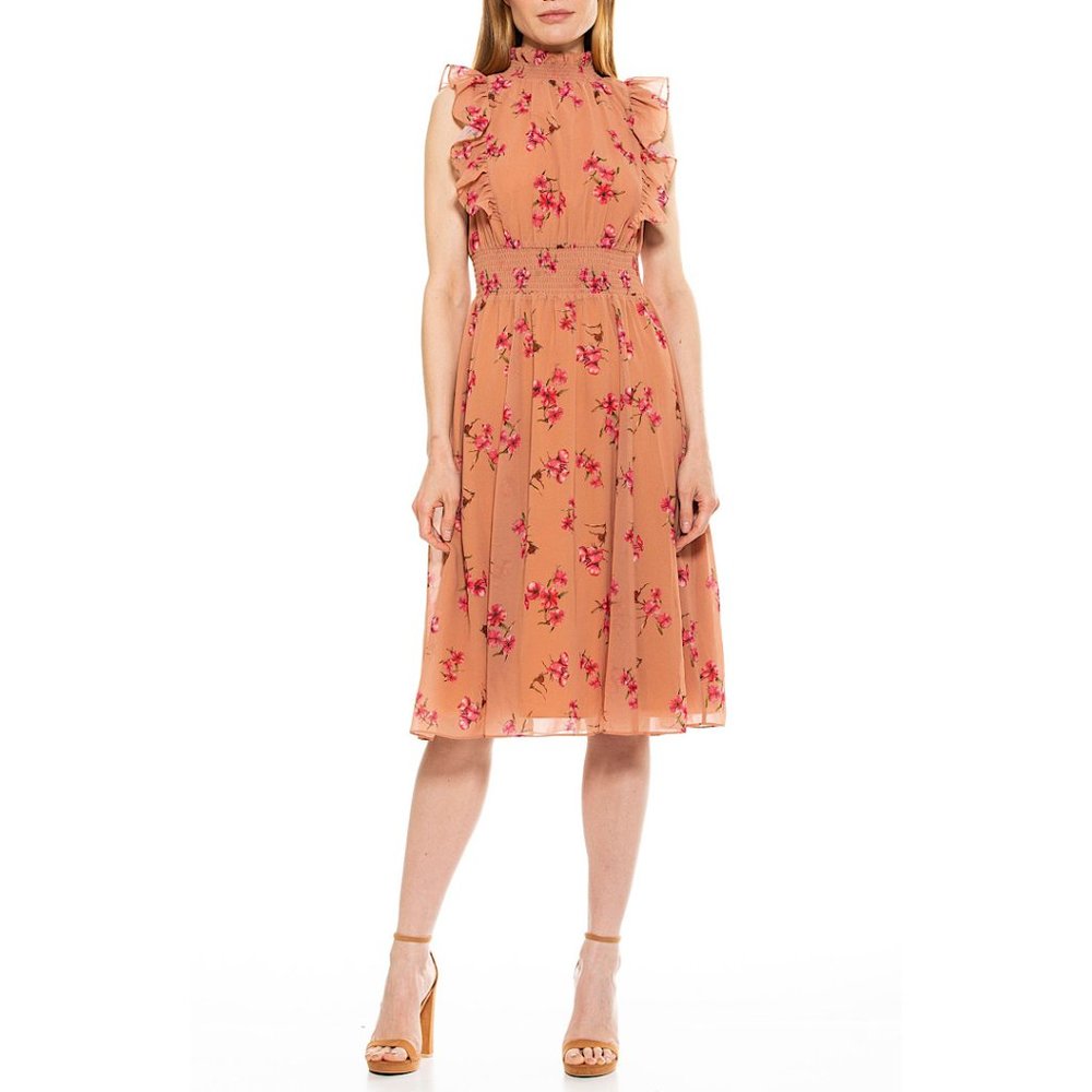 Nwt Alexia Admor Joanna Ruffled Sleeveless Midi Mini Dress Cafe Floral Pink 10